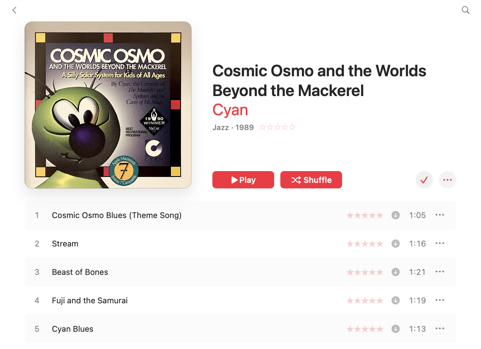 Screenshot of “Cosmic Osmo and the Worlds Beyond the Mackerel” in Apple’s Music app, showing the first five tracks.
