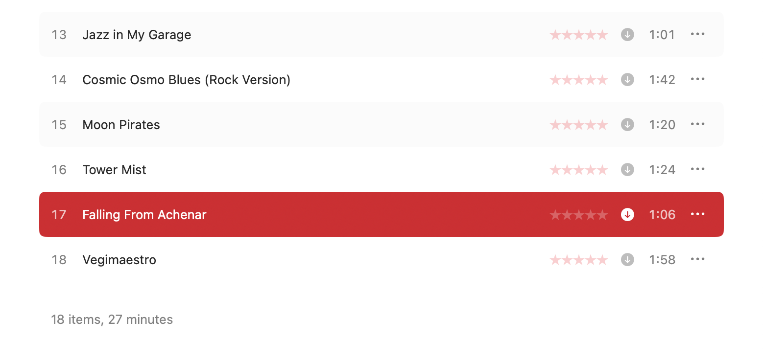 Screenshot of the last several tracks, including “Falling From Achenar” which is highlighted.