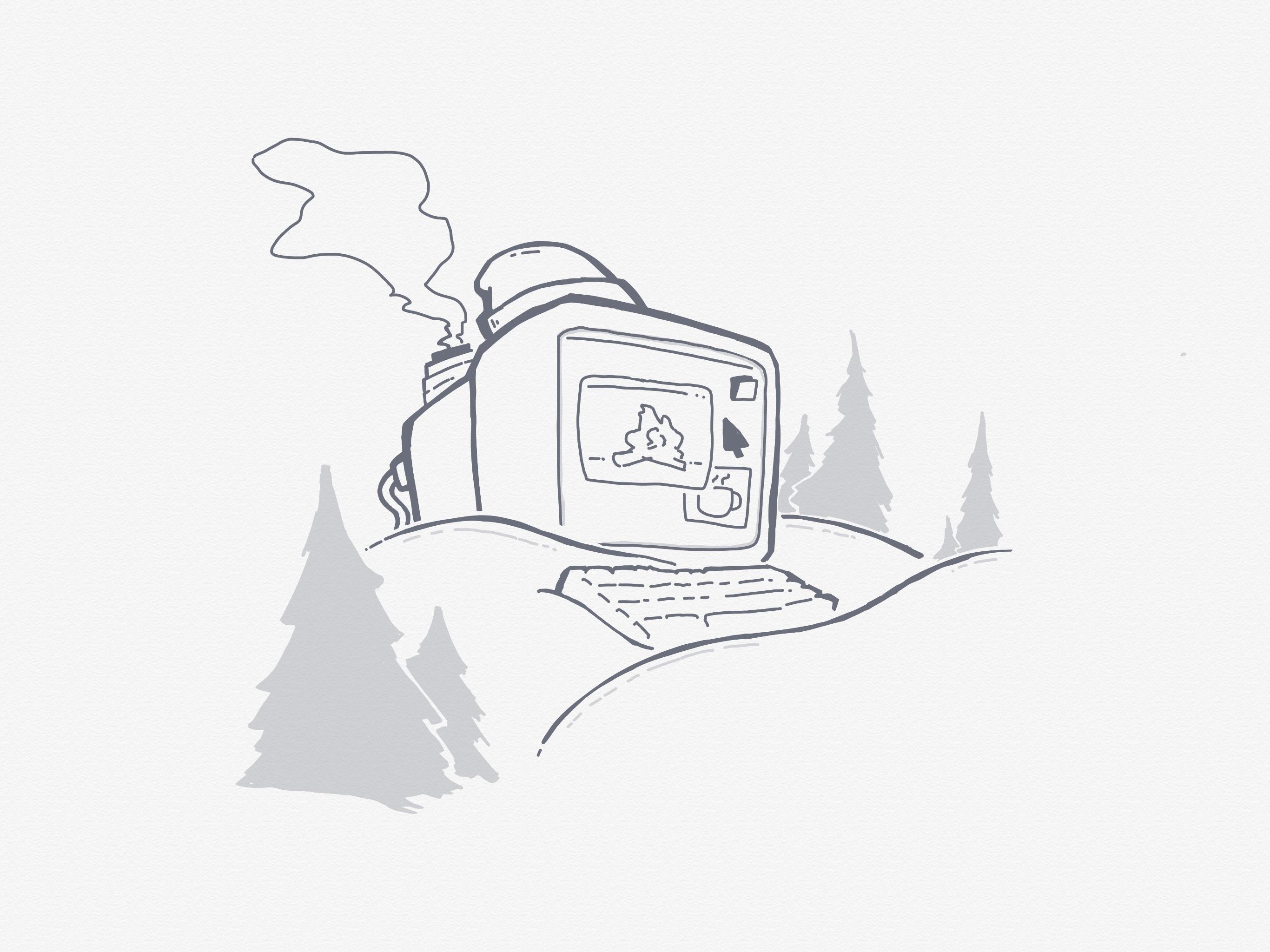 An enormous CRT monitor and keyboard tucked into a snowbank. There’s a window open on the screen with a fireplace in it. Fireplace.exe, probably.