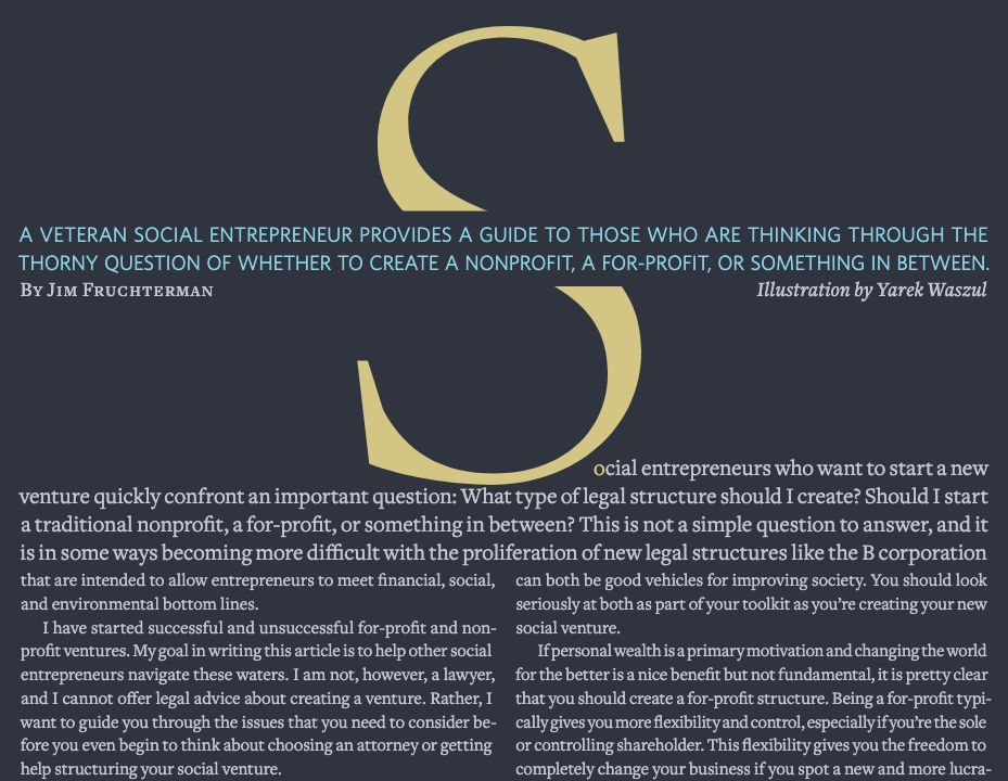 A screenshot from the Stanford Social Innovation Review. There is an absolutely giant S in the middle of the page that starts the first paragraph, which flows the full width of the page. It is over two columns of text, but on the second paragraph switches to a columnar layout, but there is not separation between the first paragraph and the text in each column, so it is visually very confusing.