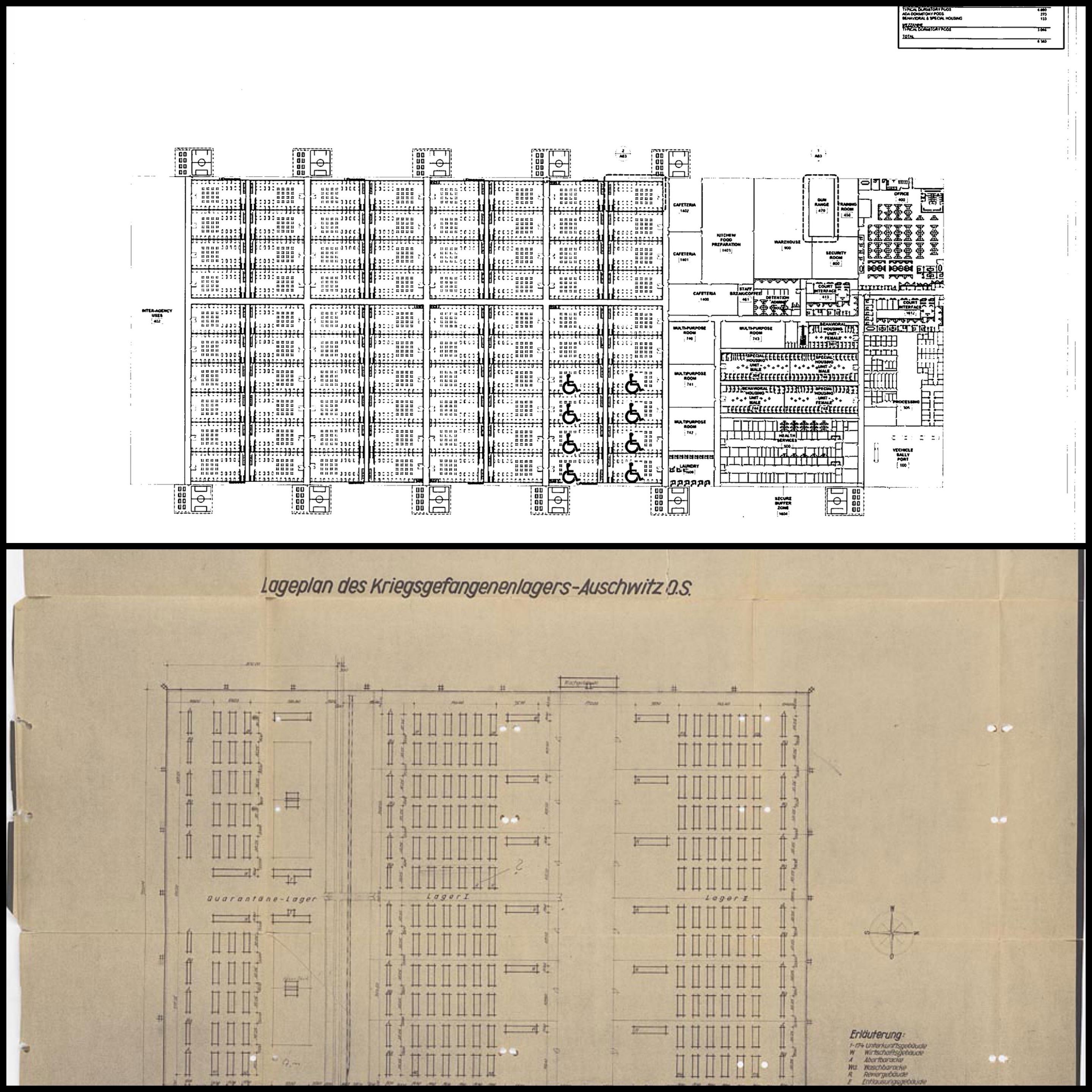 Top image
Diagram of proposed ICE facility housing 10k people, Social Circle Georgia. The building has been purchased. 

Bottom image:
Blueprints for barracks at Auschwitz.