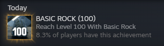 Steam achievement for Rock Simulator 2, showing the Basic Rock reaching level 100. 8.3% of players have this achievement.