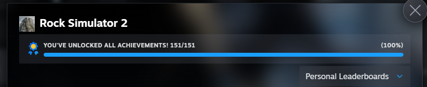 Screenshot showing that I achieved 100% of Rock Simulator 2's 151 achievements