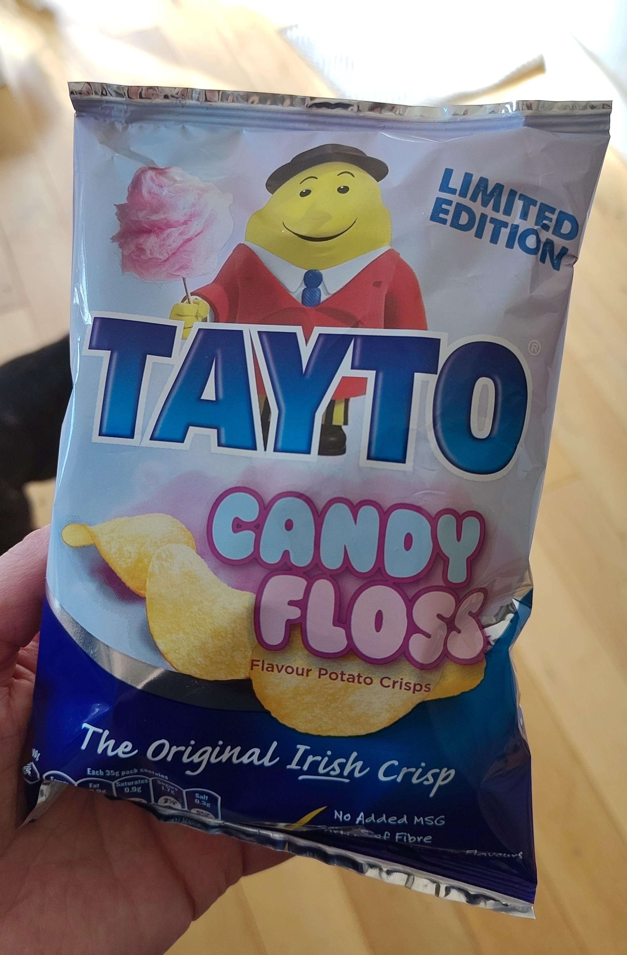 Bag of “Candy Floss”-flavoured Tayto potato crisps.