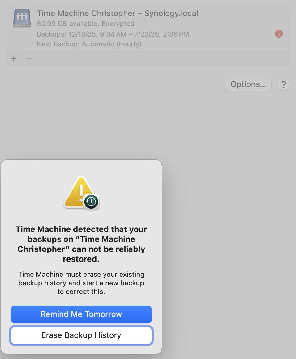 a screenshot of Time Machine’s inevitable “corrupted network backup, time to delete it all” dialog